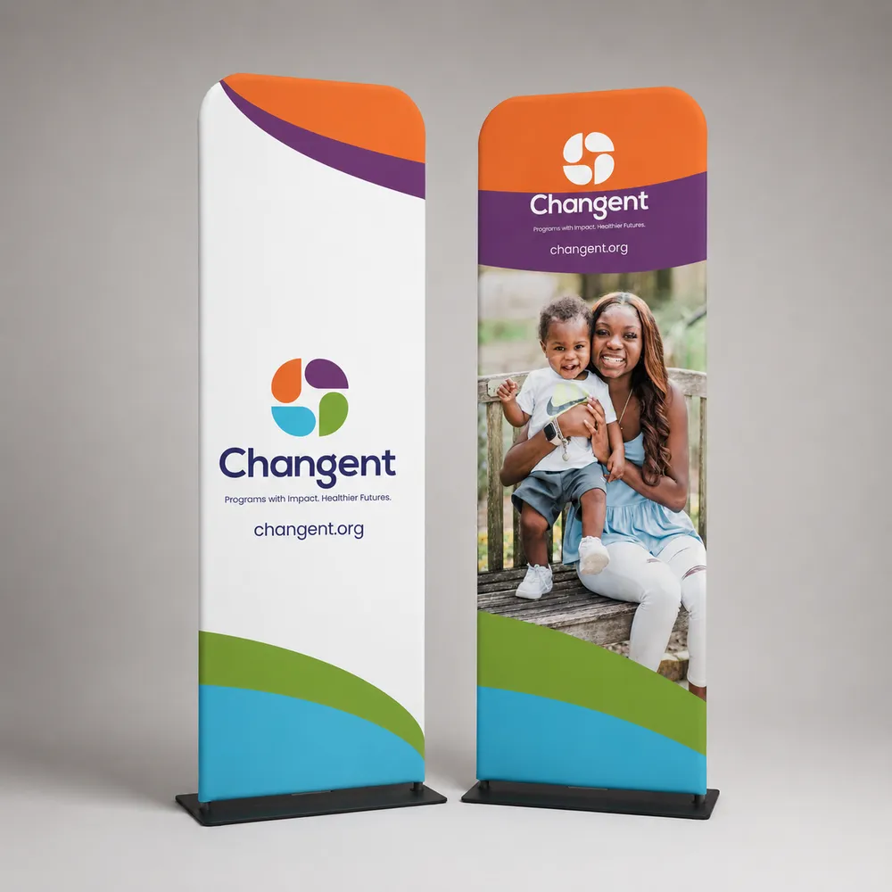 Double-sided Changent retractable banner display held in stock and shipped to partner events