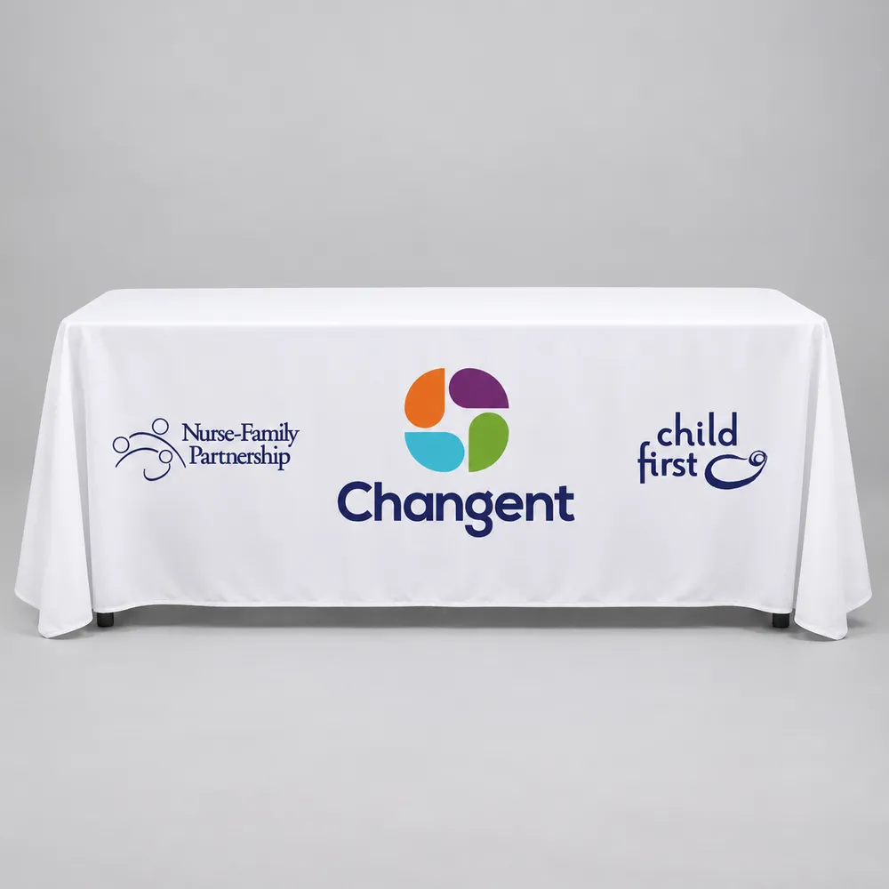 Six-foot Changent table throw with the stacked logo, part of the standard partner event kit
